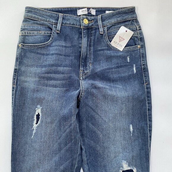 Guess Women’s Super High Rise Skinny Jeans In Blue Destroyed And Patched Size 28 - Picture 6 of 13